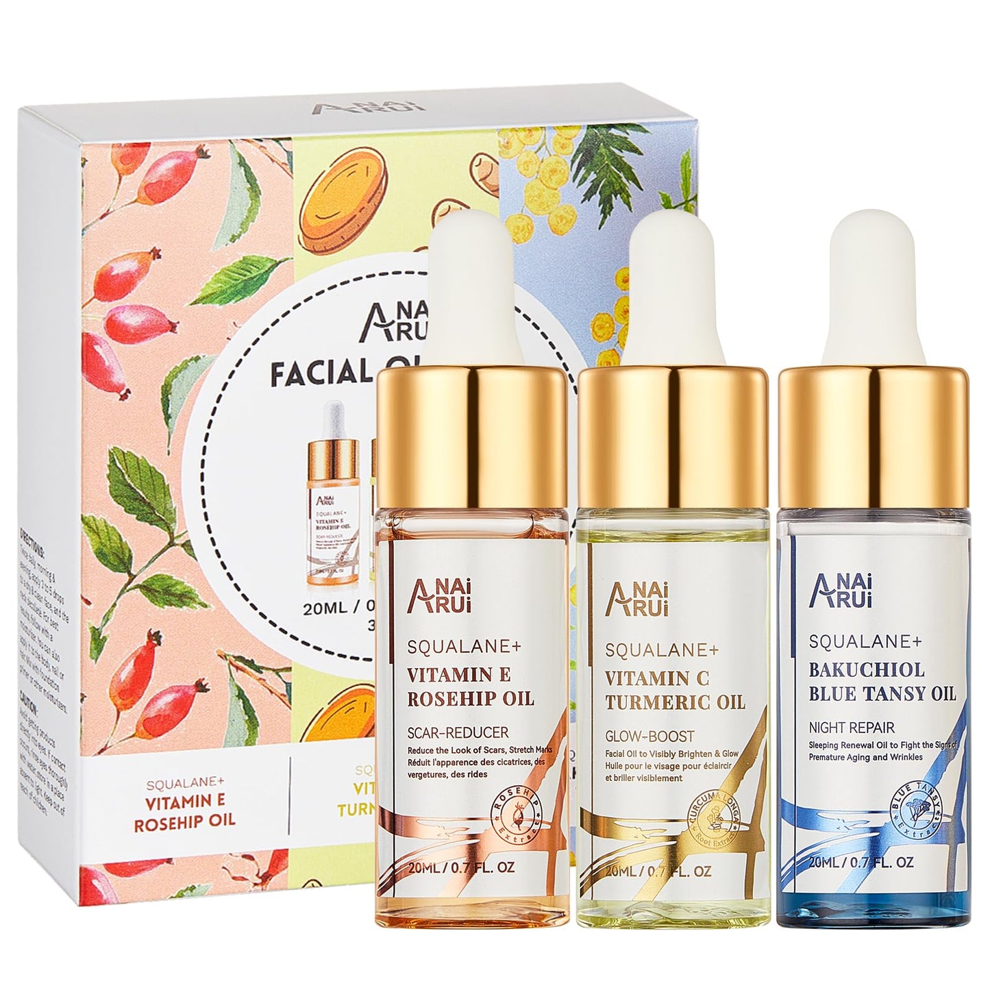 ANAI RUI Squalane Facial Oil Set,Face Oil Gift Set, Vitamin E Rosehip Oil +VC Turmeric Oil +Bakuchiol Oil,Soothing ,Stocking Stuffer for Women 20 ML/ 0.7fl.oz Each 3 Pack