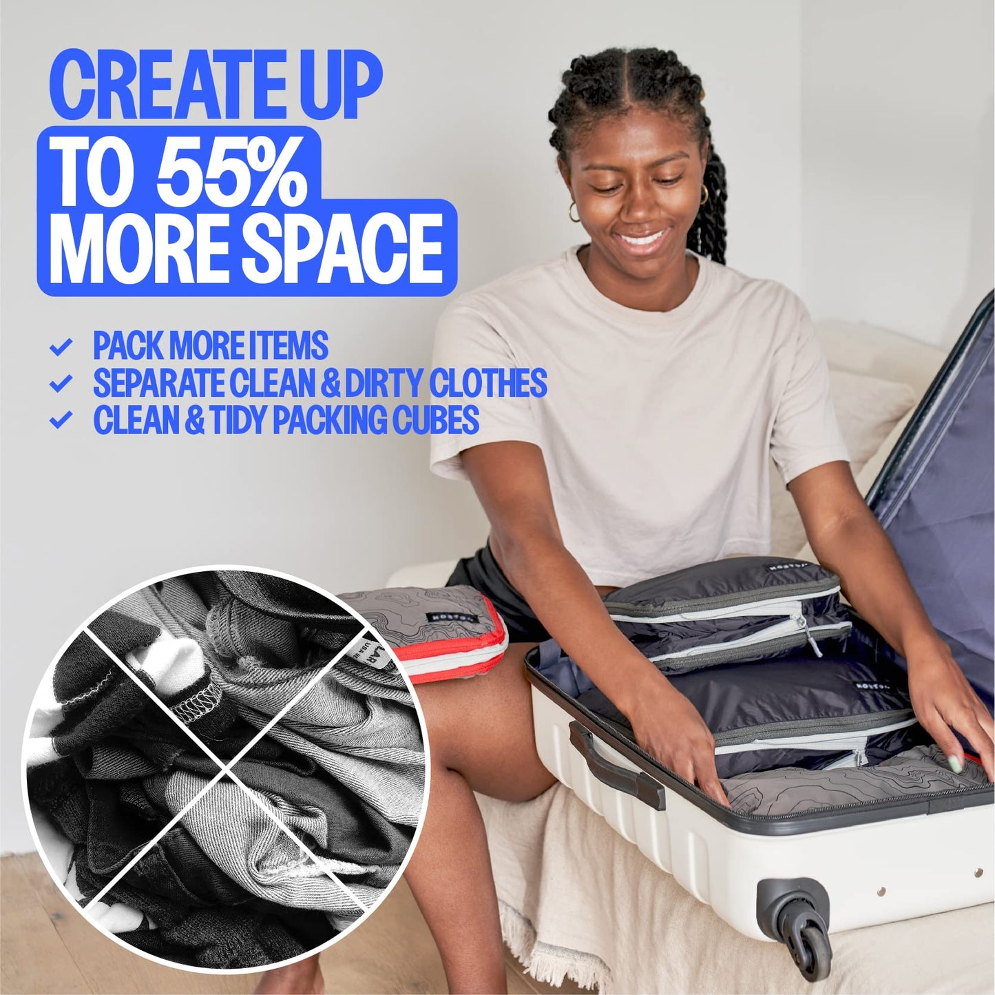 Compression Packing Cubes - 2 Pack Clean Dirty Separate Zipper - Luggage & Suitcase Organizer Travel Cube, Large Small Laundry Compartment Organizers for Clothes, Shoes Makeup