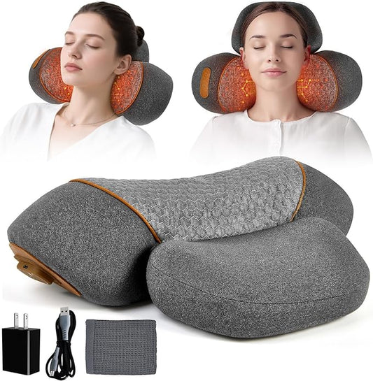Neck Massager Pillow, Fisiorest 3-in-1 Neck Massager, Travel Neck Massage Pillow for Shoulder Pain Relief, Deep Tissue Pain with Heat and Traction, Neck Hump Corrector for Women,Memory Foam