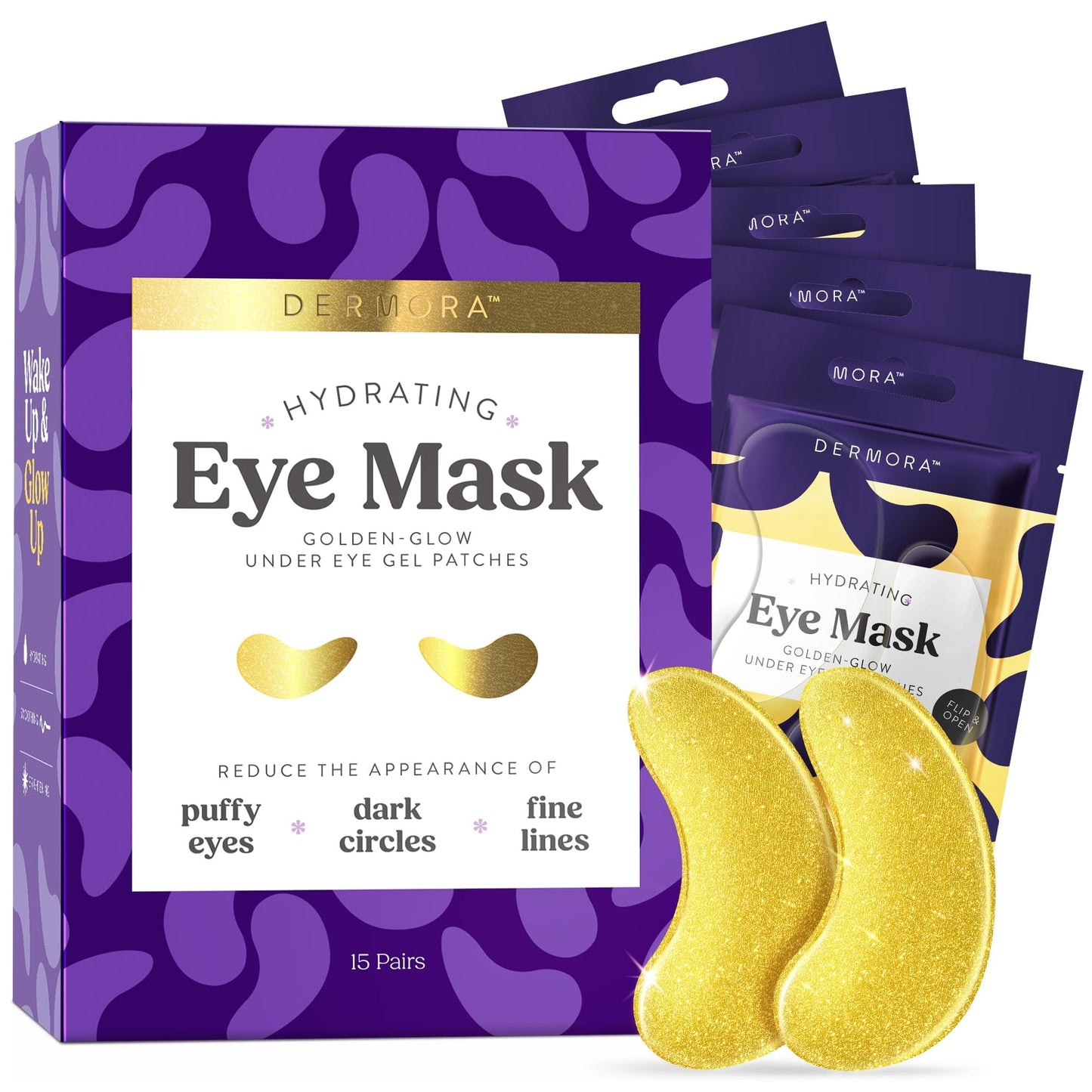 DERMORA Golden Glow Under Eye Patches | Rejuvenating Treatment | Dark Circles, Puffy Eyes, Refreshing, Revitalizing, Travel, Wrinkles |15 Pairs Eye Gels