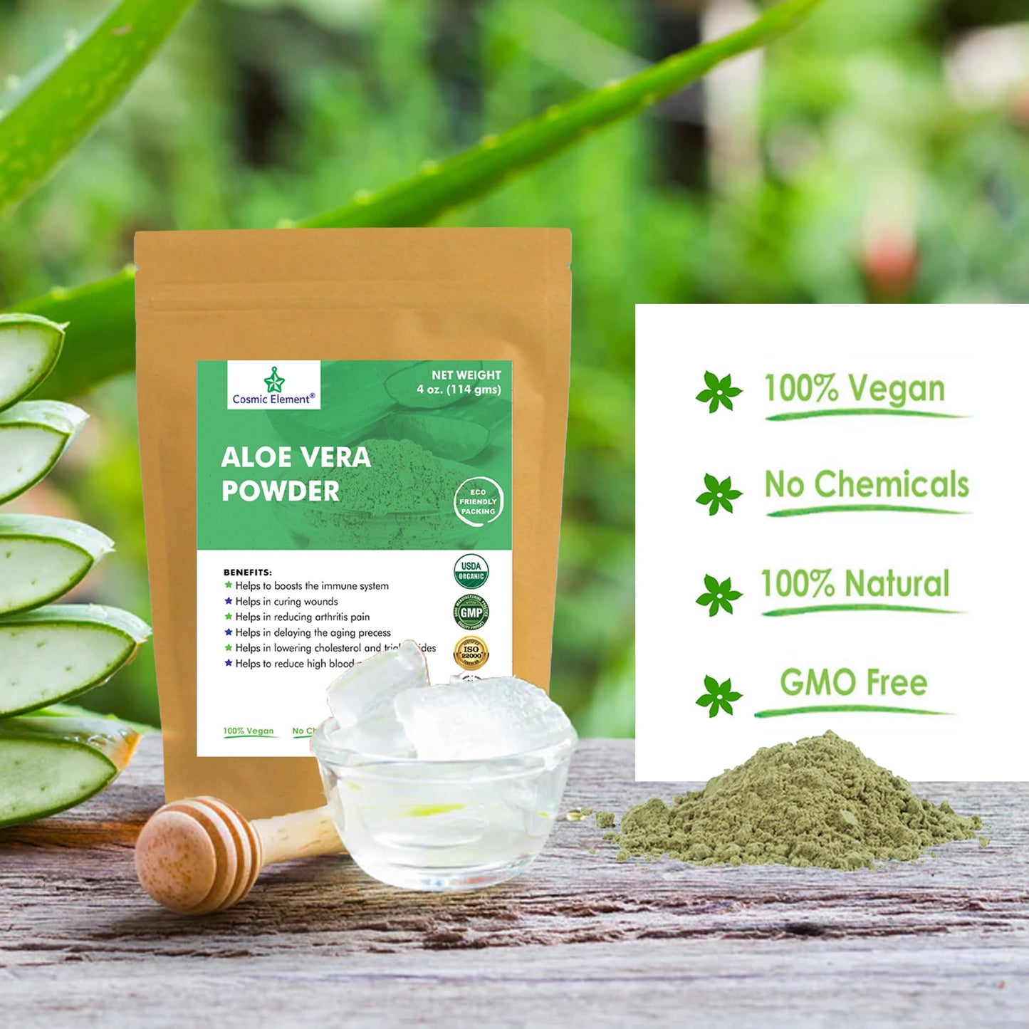 Cosmic Element Organic Aloe Vera Powder - 100% Pure Leaf Gel | Hydrating After Sun Care, Moisturizing for Face, Body & Skin | Ideal for Sun Burn, Acne, and Dry Skin - Aloe Vera Powder for Hair - 4 oz