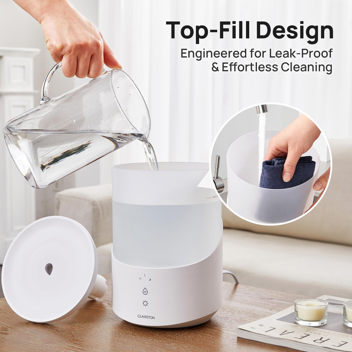 CLARSTON Humidifier for Bedroom, 2.5L Cool Mist Humidifier with Essential Oils Diffuser and Nightlight, Top Fill Humidifiers for Home, Auto Shut-off