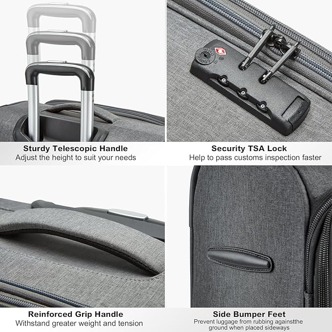 Kono 24 Inch Softside Expandable Checked Luggage with 8 Spinner Wheels TSA Lock Softshell Lightweight Business Travel Suitcase for Men and Women, Grey