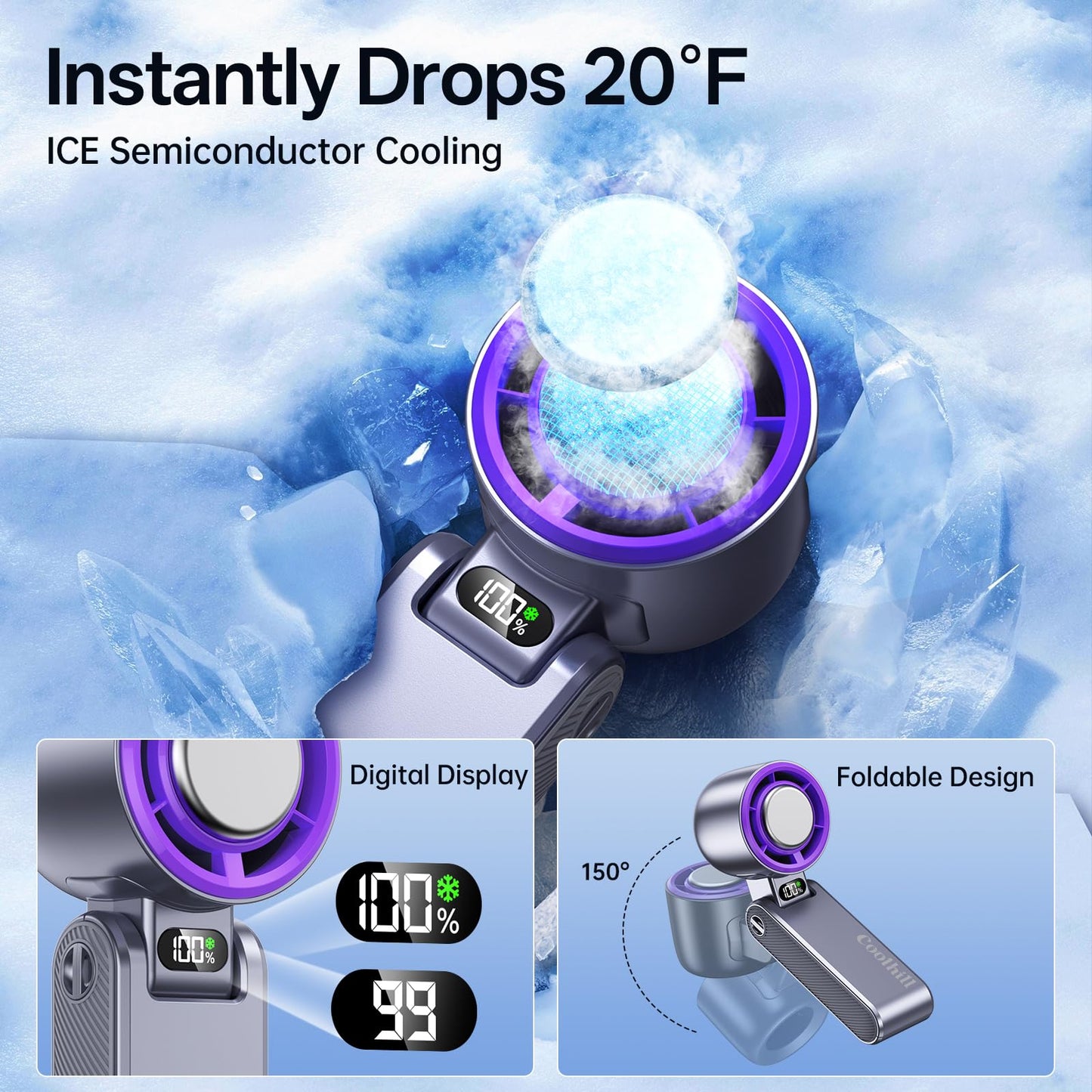 Coolhill Handheld Portable Fan with Ice Cooler: 100-Speed 5500mAh Rechargeable Handheld Fan, 12H Time Hand Cooling Personal Fans with 20000 RPM Air Turbo Tech for Travel Outdoor (Purple)