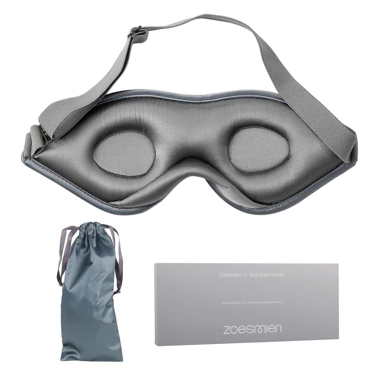 Sleep Mask Silk - 100% Mulberry Silk Eye Mask, ZOESMIEN 3D Contoured Eye Mask for Women Men, Light Blocking Side Sleeper Puffiness Dry Eyes, Unique Nose Bridge Design, Christmas Gift, Night Gray