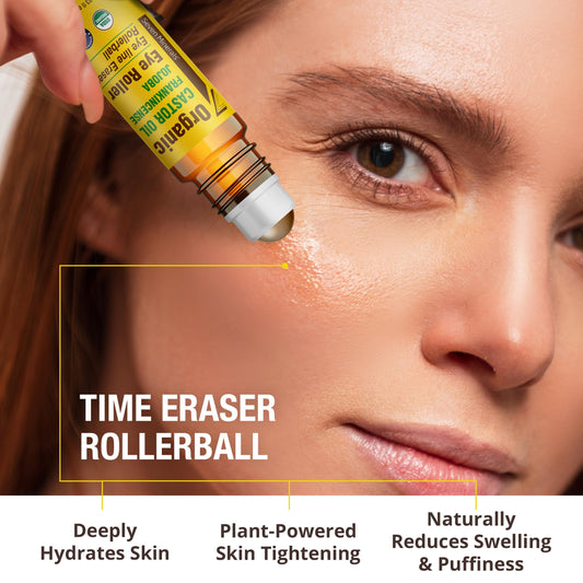 Seven Minerals Castor Oil Roll On Eye Roller for Under Eye Bags, Dark Circles & Wrinkles - Powerful Organic Blend of Castor, Frankincense & Jojoba - Brighten, and Revitalize Skin & Face - 0.33 fl oz