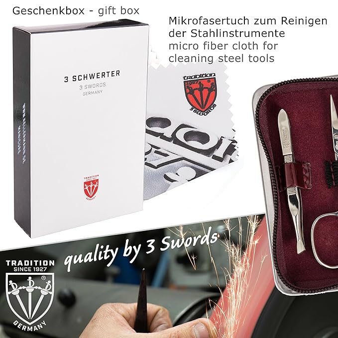 3 Swords Germany - brand quality 6 piece manicure pedicure kit set for professional finger & toe nail care with synthetic leather case - Made in Germany - burgundy