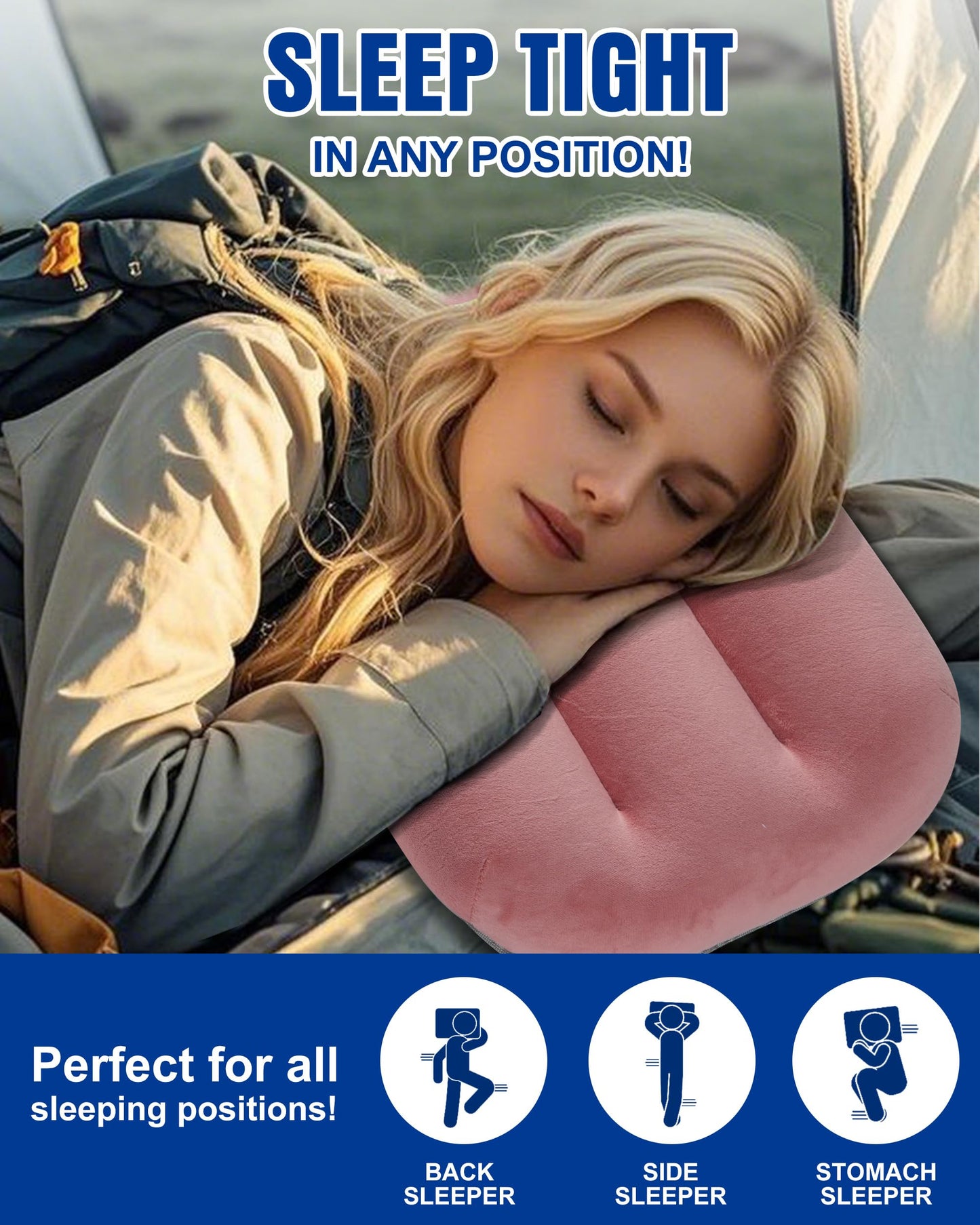 Kampair Ultralight Inflatable Camping Pillow for Sleeping – Soft Velvet Cover, Compact & Portable, Ergonomic Neck Support, Machine Washable Air Pillow, Perfect for Travel, Hiking, Backpacking – Pink