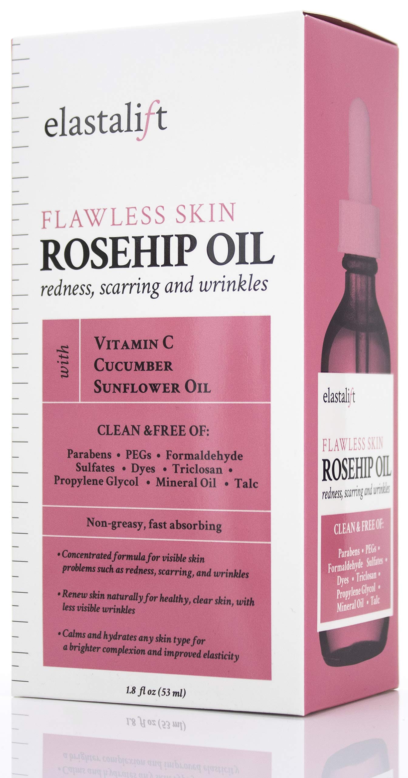 Elastalift Rosehip Oil for face with Vitamin C and Cucumber. Pure Rosehip face oil helps with Wrinkles, Scarring, and Redness for a brighter skin complexion. 1.8 Fl Oz