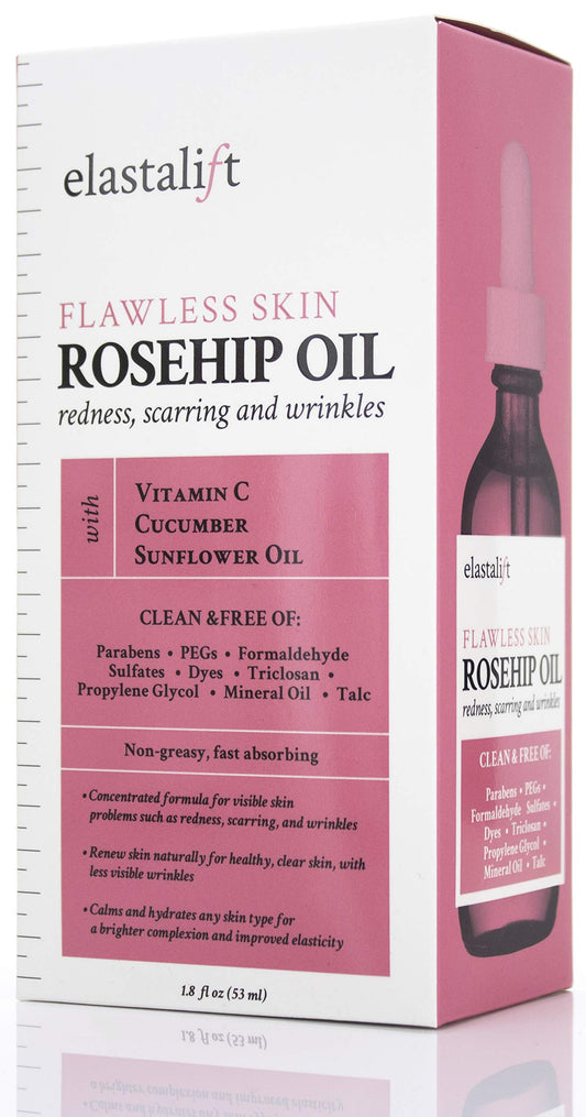 Elastalift Rosehip Oil for face with Vitamin C and Cucumber. Pure Rosehip face oil helps with Wrinkles, Scarring, and Redness for a brighter skin complexion. 1.8 Fl Oz