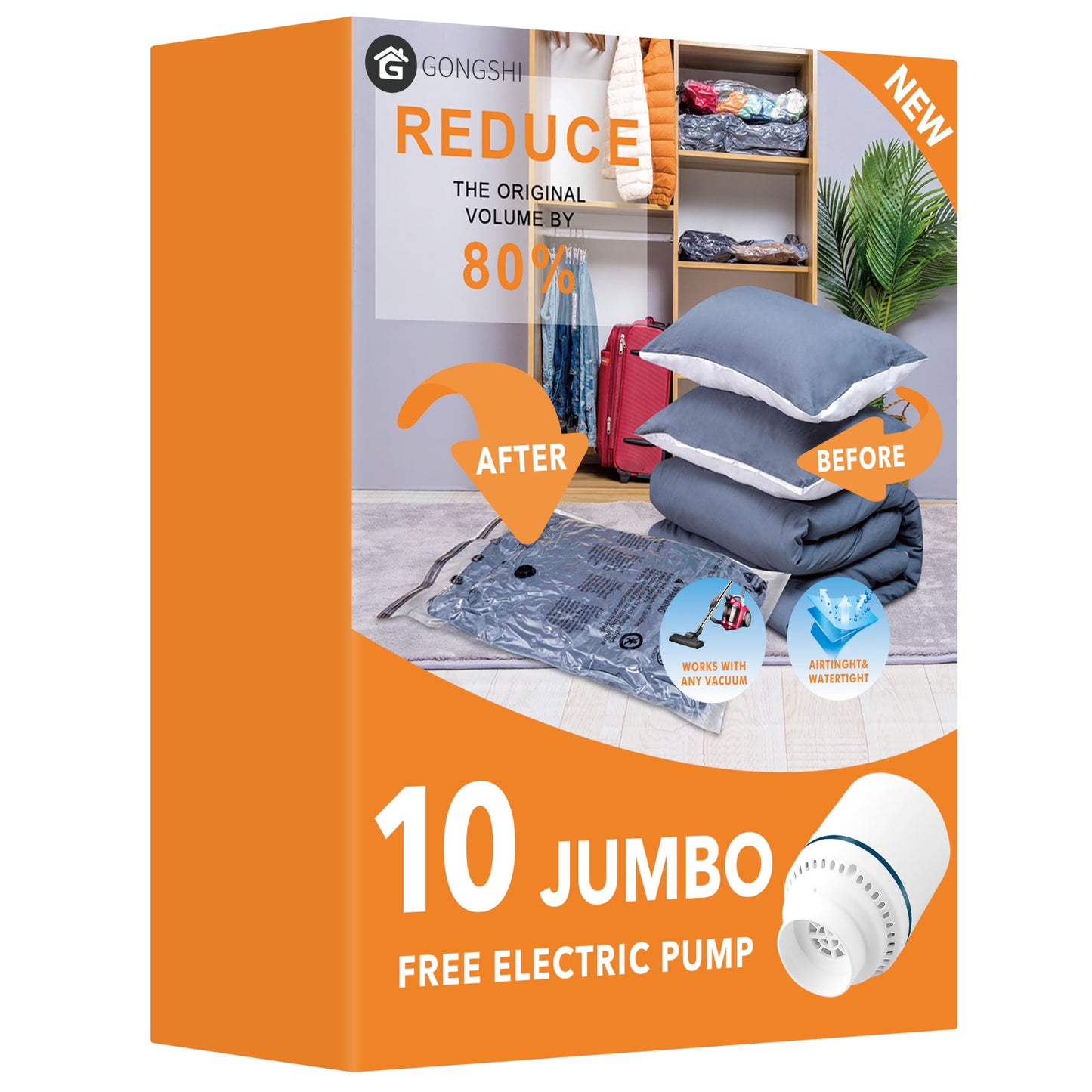 10 Jumbo Vacuum Storage Bags with Electric Pump,Plastic Packaging Bags, Space Saver Bag for Clothes, Mattress, Blanket, Duvets, Pillows, Comforters, Travel