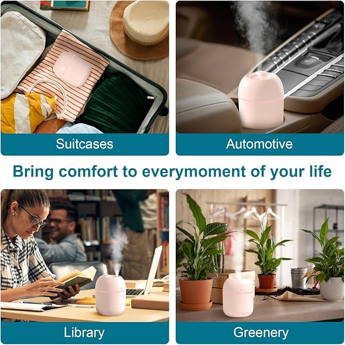 Portable Small Humidifier, USB Personal Desktop Humidifier for Car, Office Room, Bedroom, Auto Shut-Off, 2 Mist Modes, Super Quiet(220ml, Pink)