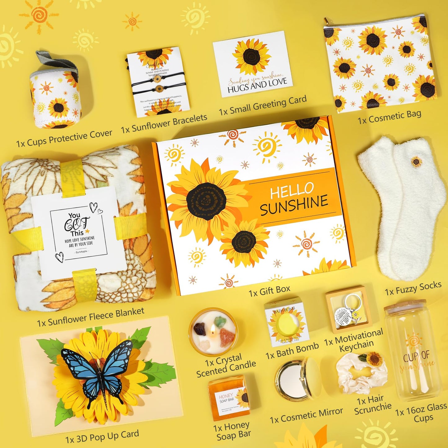 Sunflower Gifts for Women - 15 pcs Unique Birthday and Basket, Get Well Soon Care Package, Inspirational Box for Her, Mom, Sister, Best Friends (Yellow)
