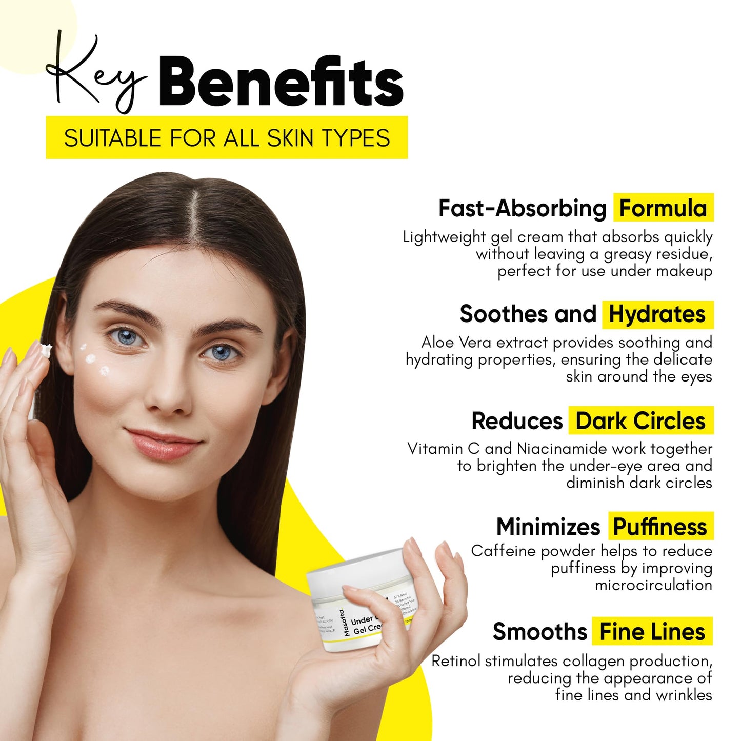 Masofta Under Eye Gel Cream with Retinol, Niacinamide, Caffeine, Vitamin C, & Aloe Vera Extract for Dark Circles, Fine Lines, and Puffy Eyes, For both Men & Women, 30ML