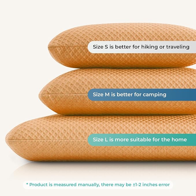 Travel Pillow Memory Foam Pillows, Camping Pillow-Compressible Medium Firm, Breathable Cover, Ideal Backpacking Hiking, Bed Pillows, Airplane and Car (Apricot Yellow, S)
