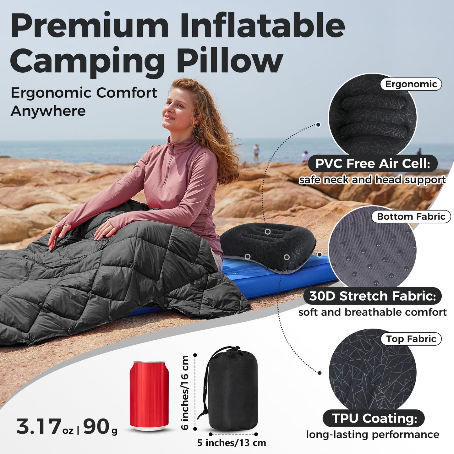 ATEPA Inflatable Camping Pillow, Ultralight Waterproof Travel Pillow with Ergonomic Support & Leak-Proof Air Valve, Compact Portable Pillow for Hiking Backpacking Tent Airplane Beach, Black