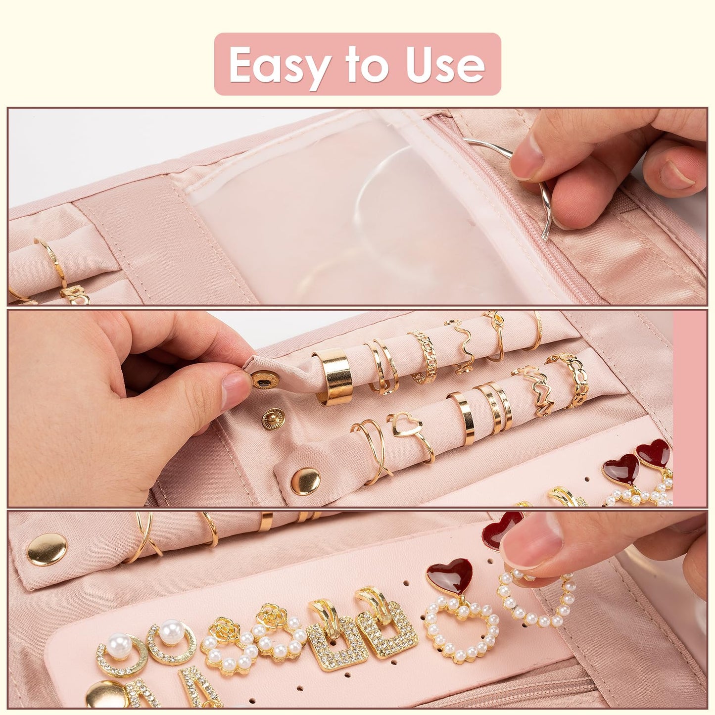 Amrules Travel Jewelry Organizer Bag Anti-Tangle Foldable Small Jewelry Roll Travel Case Accessory for Necklaces, Earrings, Rings, Bracelets, Watches, Pink