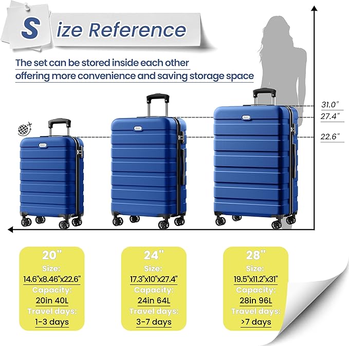AnyZip Luggage Sets 10 Piece Hardshell Suitcase Set PC ABS Lightweight Travel Suitcases with 4 Double Spinner Wheels TSA Lock 20 24 28 Inch with 7 Storage Bags Dark Blue