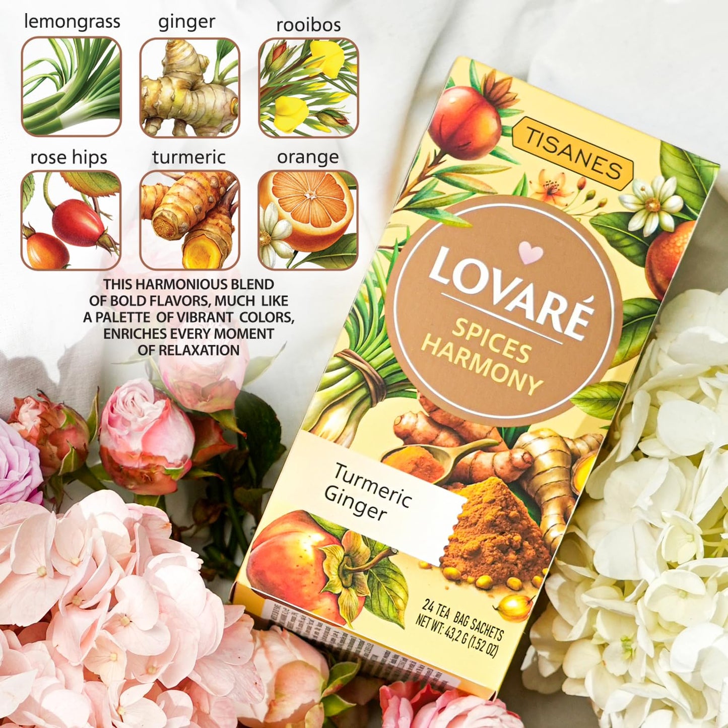 LOVARE Spices Harmony Herbal Tea, Caffeine-Free Fruit & Spice Infusion, Persimmon + Mandarin, 24 Individually Wrapped Bags (1.8 g each), Made in Ukraine (SPICES HARMONY)