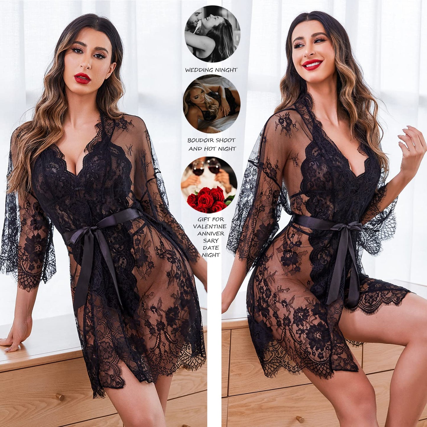 Avidlove Women Sexy Bridal Lingerie Set 2 Piece Lace Robe With Sheer Teddy Babydoll Bodysuit