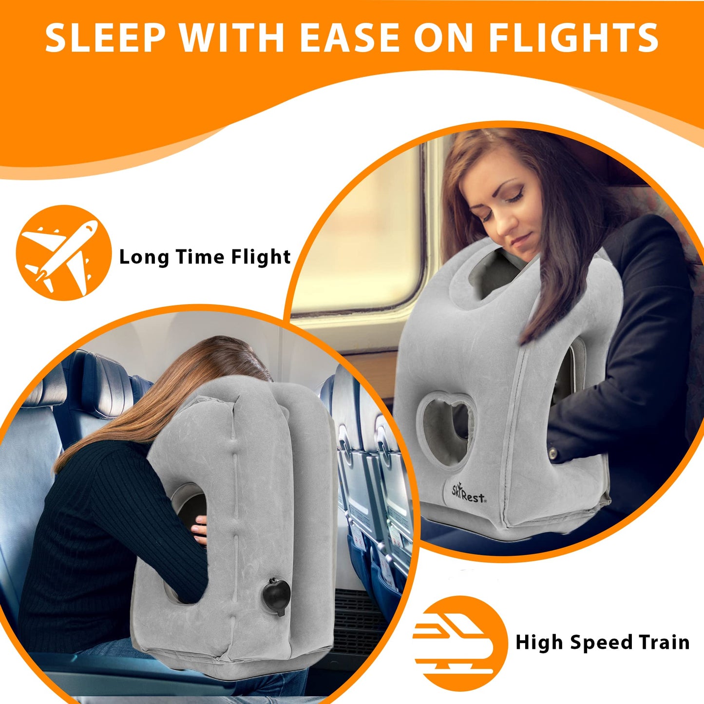 Skyrest Inflatable Travel Pillow - Airplane Pillow for Neck Support on Long Flights, Buses, Cars, Office & Trains - Comes with Eye Mask, Earplugs & Portable Drawstring Bag - Grey