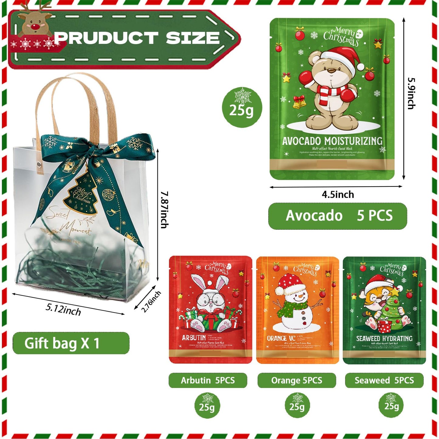 Christmas Party Favors Facial Masks (Pack of 20 with 1 Packaging Bag) Skin Care Beauty Mask Spa Party Supplies Christmas Grooming kit for Women, Christmas Stocking Stuffers Set,Hydrate,Moisturize