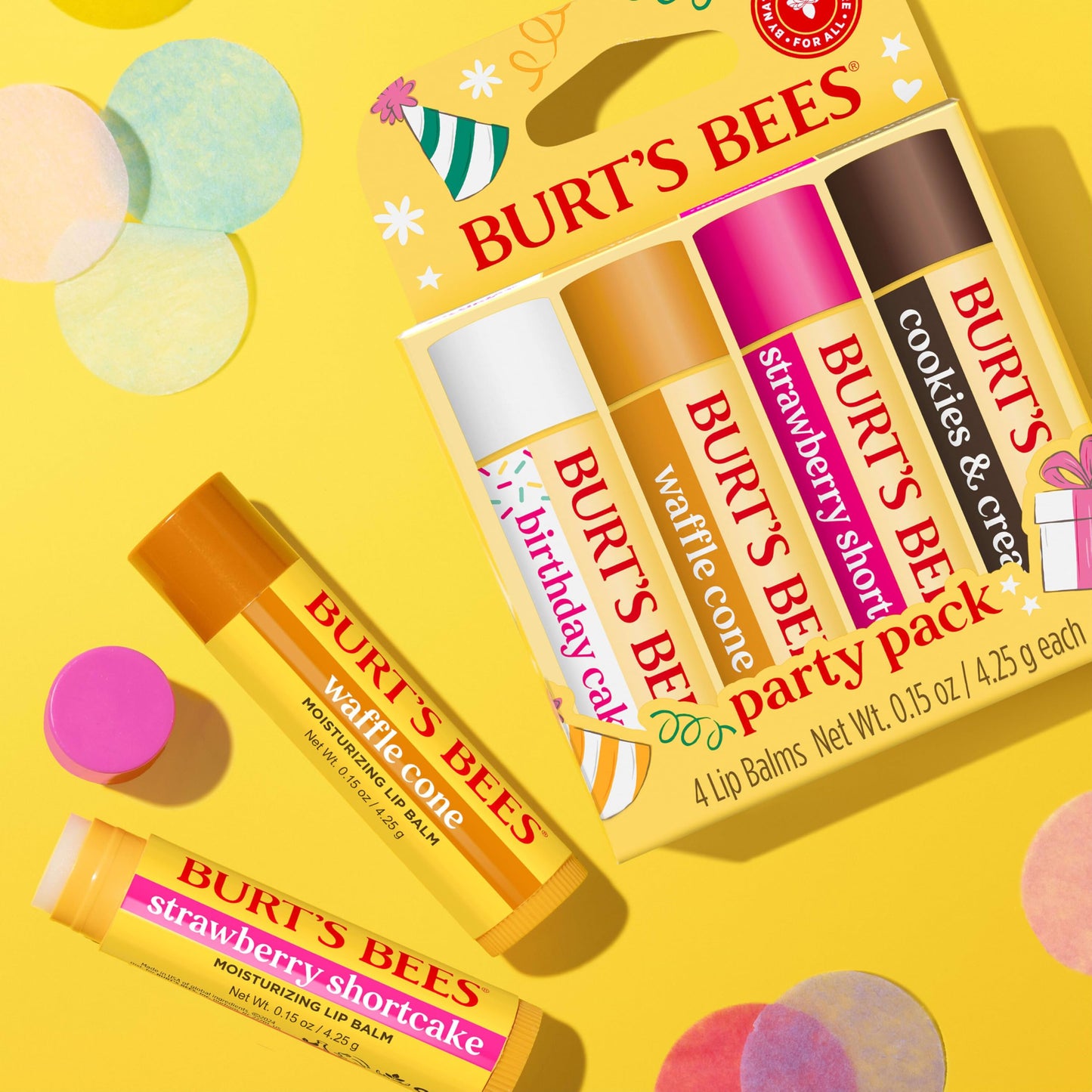 Burt's Bees Lip Balm Party Pack - Birthday Cake, Waffle Cone, Strawberry Shortcake, and Cookies & Cream, All Day Moisturizer, Tint-Free, Natural Origin Conditioning Lip Treatment, 4 Tubes, 0.15 oz.