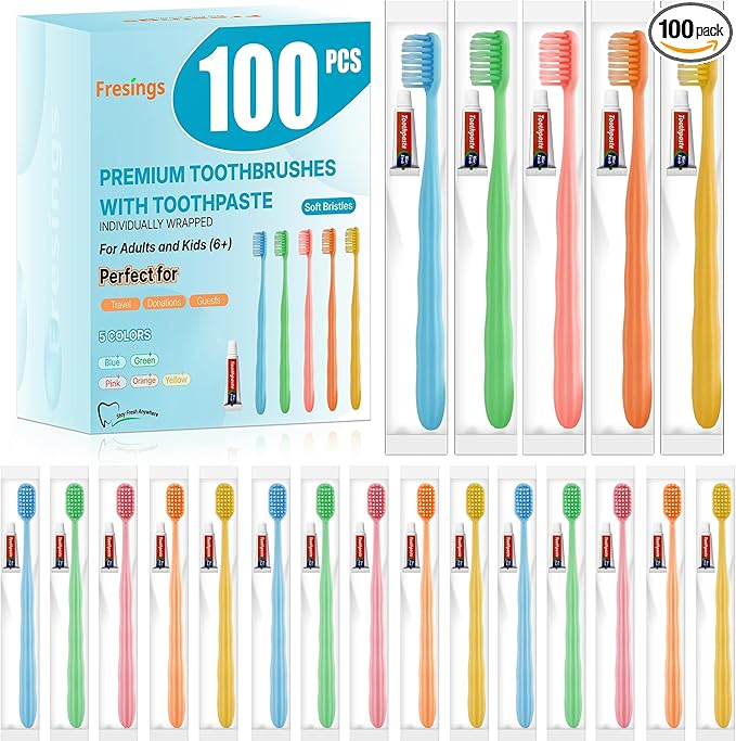 100 Pack Disposable Toothbrushes with Toothpaste, Individually Wrapped Soft Bristle Travel Toothbrush Bulk, Hotel Guest Amenities, Mint 3g Toothpaste Set for Camping, Donation & Oral Care Kit
