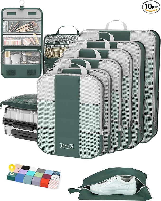10 Set Compression Packing Cubes for Travel Essentials,Compressible Expandable Packing Cubes for Suitcase,OlarHike Luggage Organizer Bags for Travel,Handy Helper for Organizing Clothes(Dark Green)
