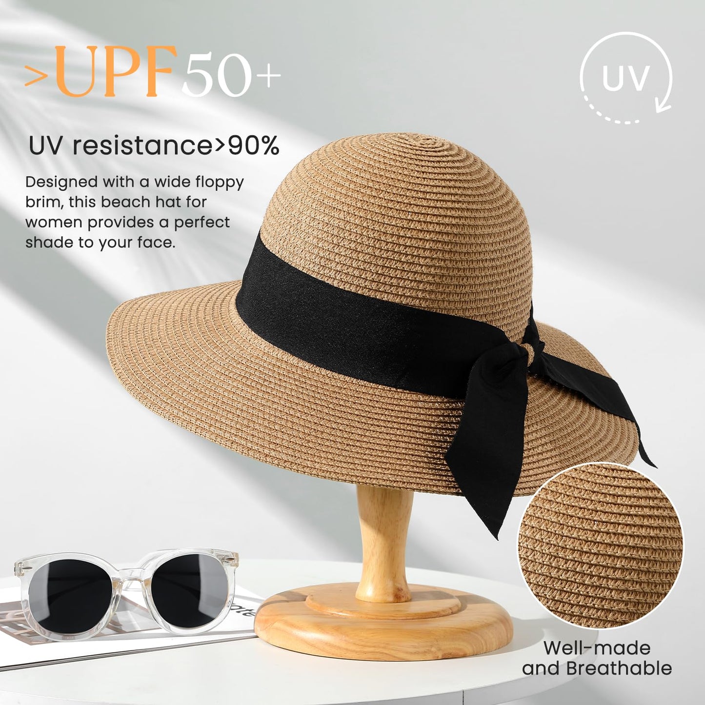 Beach Sun Hats for Women, Straw Hat for Women UPF 50+ UV Sun Protection Summer Hat Foldable Roll up Cap A-Khaki