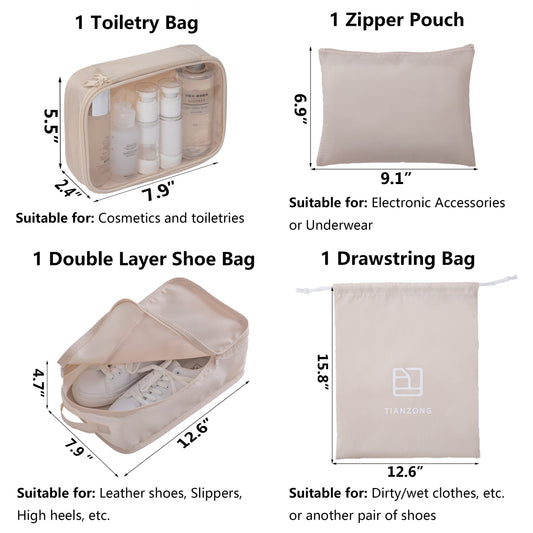 TianZong 7-piece Set Packing Cubes, Travel Bags for Luggage, Packing Organizers with Shoe Bag (Beige with a Toiletry Bag)