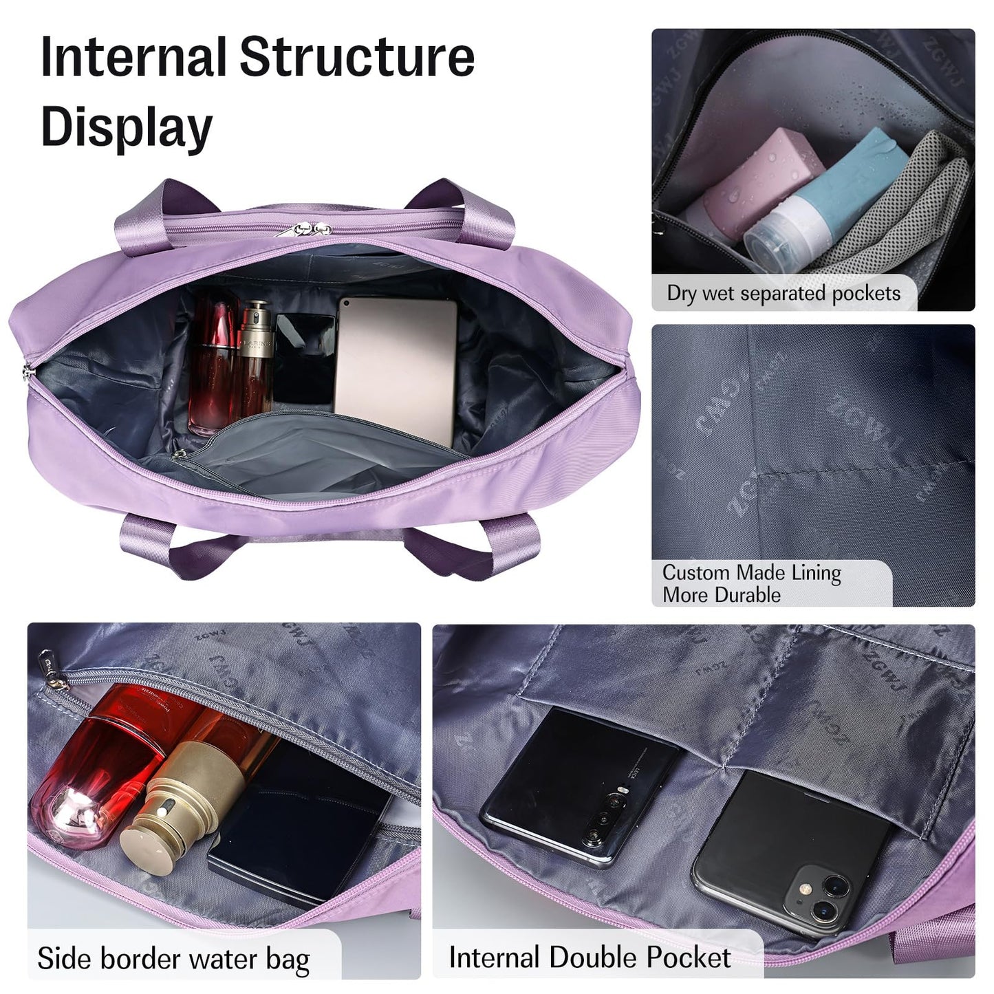 Expandable Travel Tote Bag for Women - Foldable Overnight Weekender, Carry-On, Hospital & Workout Bag - Fits Spirit Airlines Personal Item Size - Lightweight & Durable with Trolley Sleeve, Purple