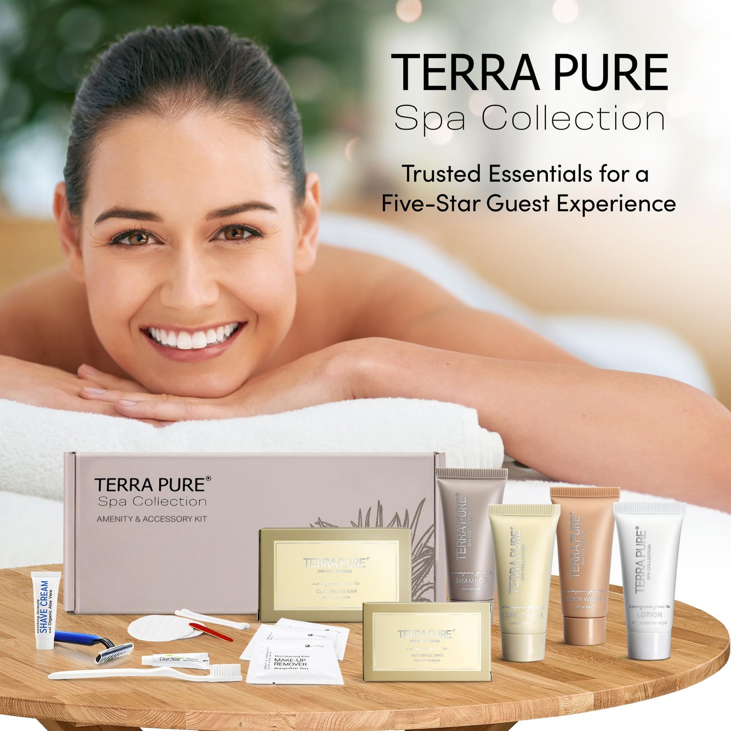 Terra Pure Spa Collection Amenity & Accessory Kit |1 oz Travel Size Shampoo, Conditioner, Lotion, Body Wash, 2 Soap Bars, Shave & Dental Sets, Make-Up Remover Wipes, & Vanity Kit | 1 set per case