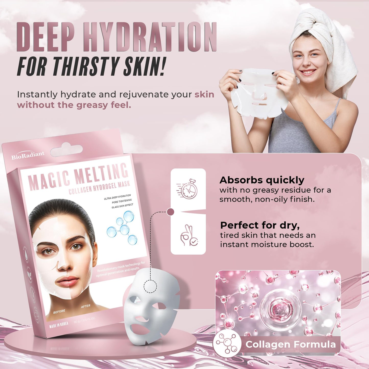 Bio Radiant Magic Melting Face Mask - Collagen Ultra Hydrating Overnight Hydrogel Mask, Pore Minimizer For Face with Glass Skin Effect - Vegan, Clean Beauty, Made in Korea - Pack of 6