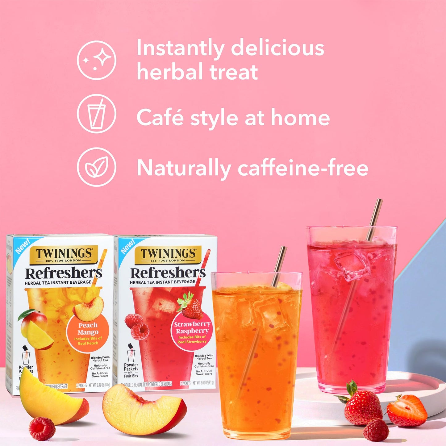 NEW Twinings Peach Mango Refreshers, Herbal Tea Instant Beverage with Real Peach Fruit Bits, 5 Count (Pack of 1), Café Style, No Artificial Sweeteners, Naturally Caffeine-Free Refreshment, 5 Packets