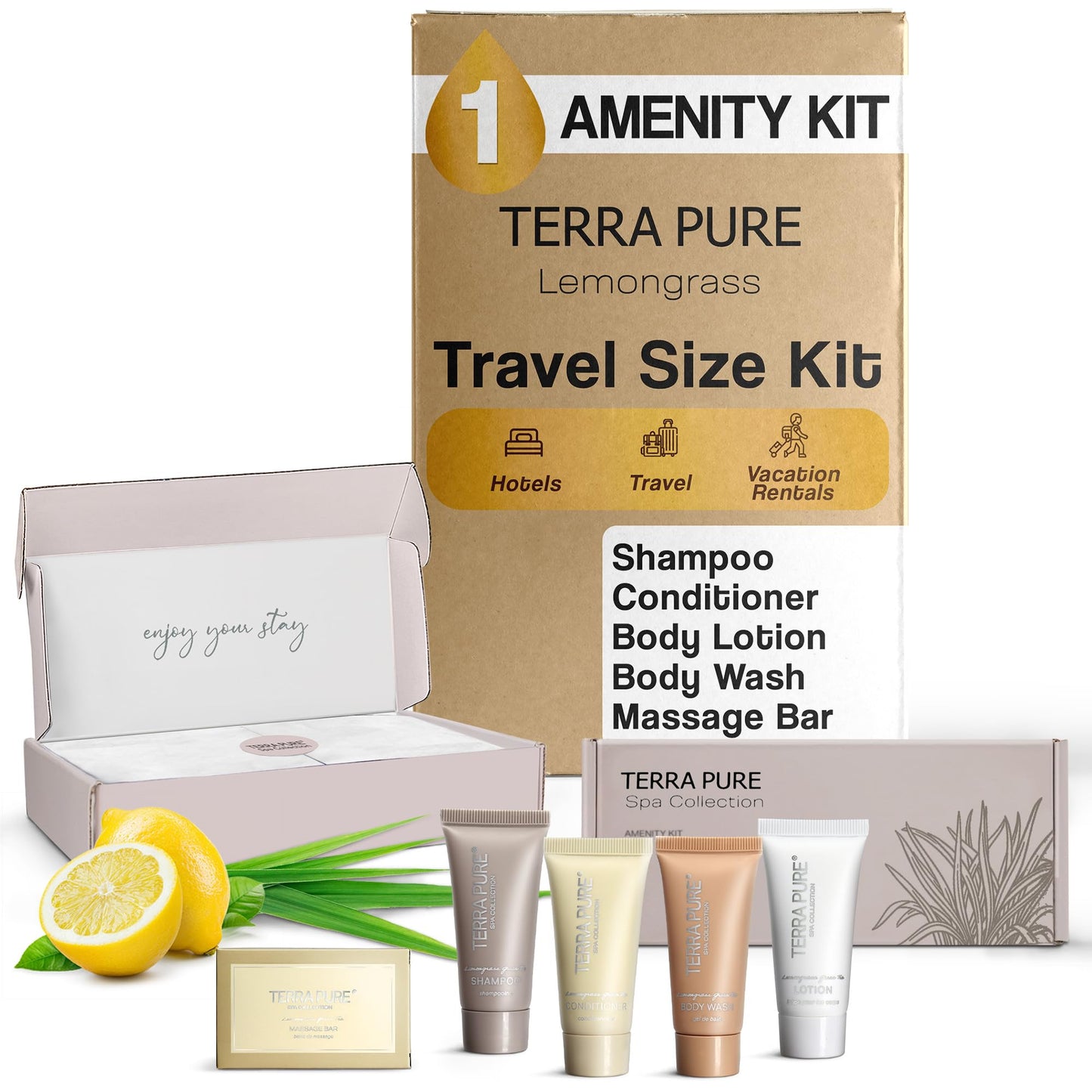 Terra Pure Spa Collection Amenity Kit | Hotel Bulk Toiletries | 0.85 oz Shampoo, Conditioner, Lotion, Body Wash, Massage Bar for Guest Hospitality Vacation Rentals | 1 Set/Case