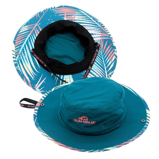 SUN NINJA Bucket Hat for Men & Women, Cooling with Adjustable Strap, Wide Brim, UPF UV 50+ Protection, Foldable Boonie Hat for Fishing, Hiking, Beach, Safari, Kayaking, SUPing - Palm Trees