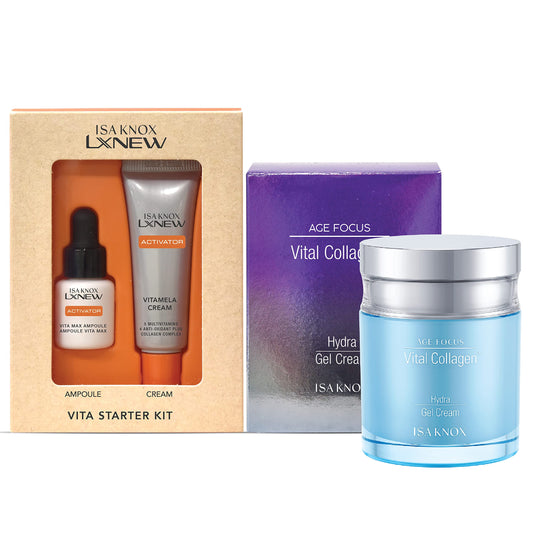 ISA KNOX AGE FOCUS VITAL COLLAGEN Hydra Gel Cream, LXNEW VITA MAX Ampoule, LXNEW VITAMELA Cream (15 ml/3.89 fl oz) - Korean Skin Care by LG Beauty. Vitamins C, B12 & E.