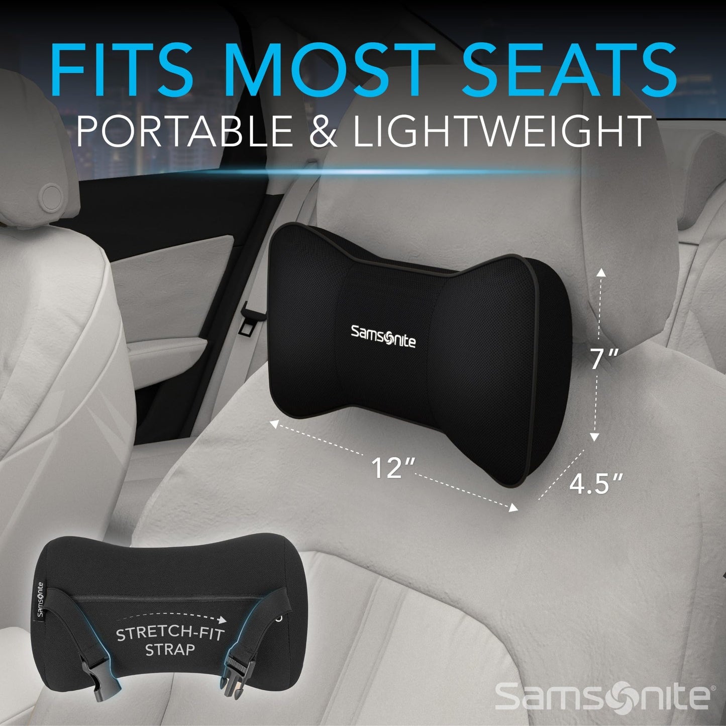 Samsonite Neck Pillow for Car – Ergonomic Memory Foam Headrest Cushion – Car Seat Support for Driving Comfort – Compact Neck Rest – Travel Pillow for Long Road Trip, Black