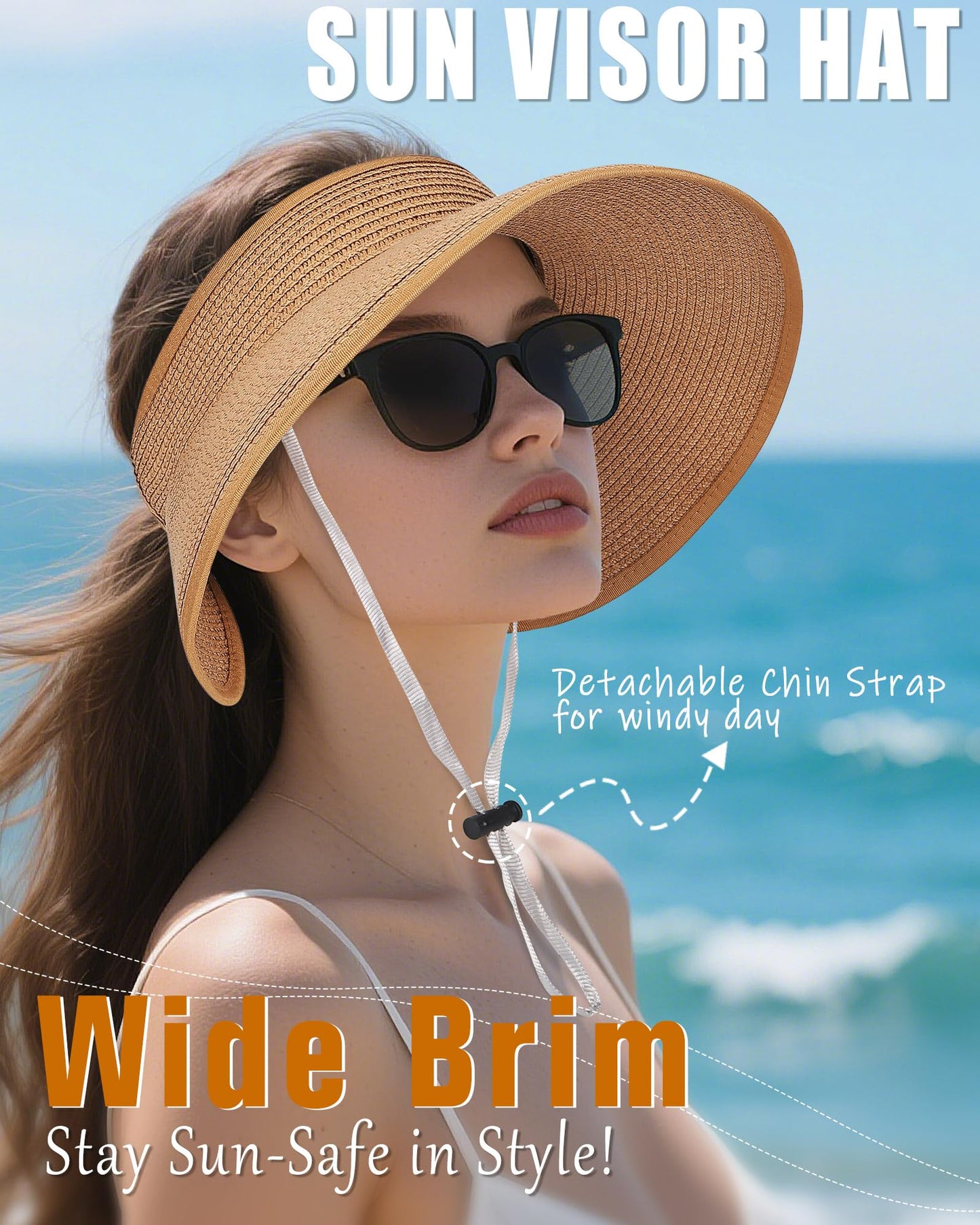 YANIKY Sun Visor Hat for Women, Wide Brim Straw Visors Beach Hat Roll Up Foldable Beach Visors Summer UV Protection (US, Alpha, One Size, Khaki)