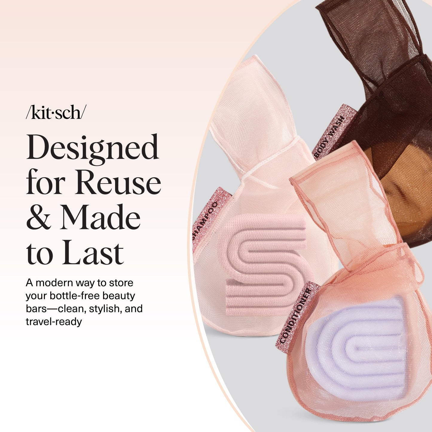 Kitsch Bar Soap Saver Bag – Patented Mesh Bag Soap Holder for Shampoo, Conditioner & Body Wash Bar - Extends Use & Prevents Soggy Mess - Recycled Mesh Pouch - Blush, Terracotta & Chocolate, 3pc Set