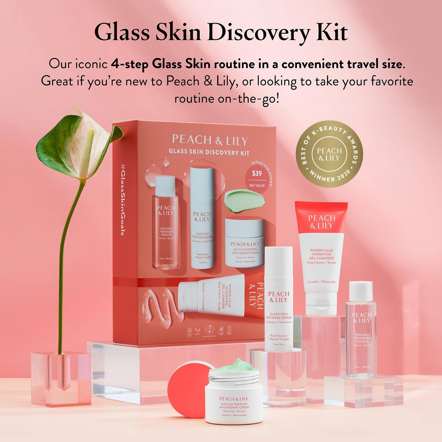 Peach & Lily - Glass Skin Discovery Kit (4 Products) - Cleanser, Essence, Serum, & Cream - Facial Skincare Set - Acne Routine - Trial & Travel Size - Vegan, Gluten Free, & Cruelty Free - Korean Beauty