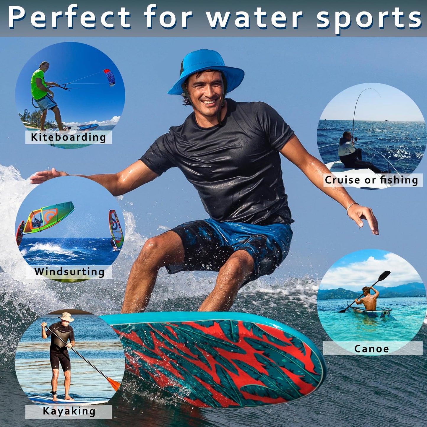 Seektop Surf Bucket Hat with UPF 50+ UV Protection, Waterproof Sun Hat with Adjustable Chin Strap for Surfing, Water Sports Blue