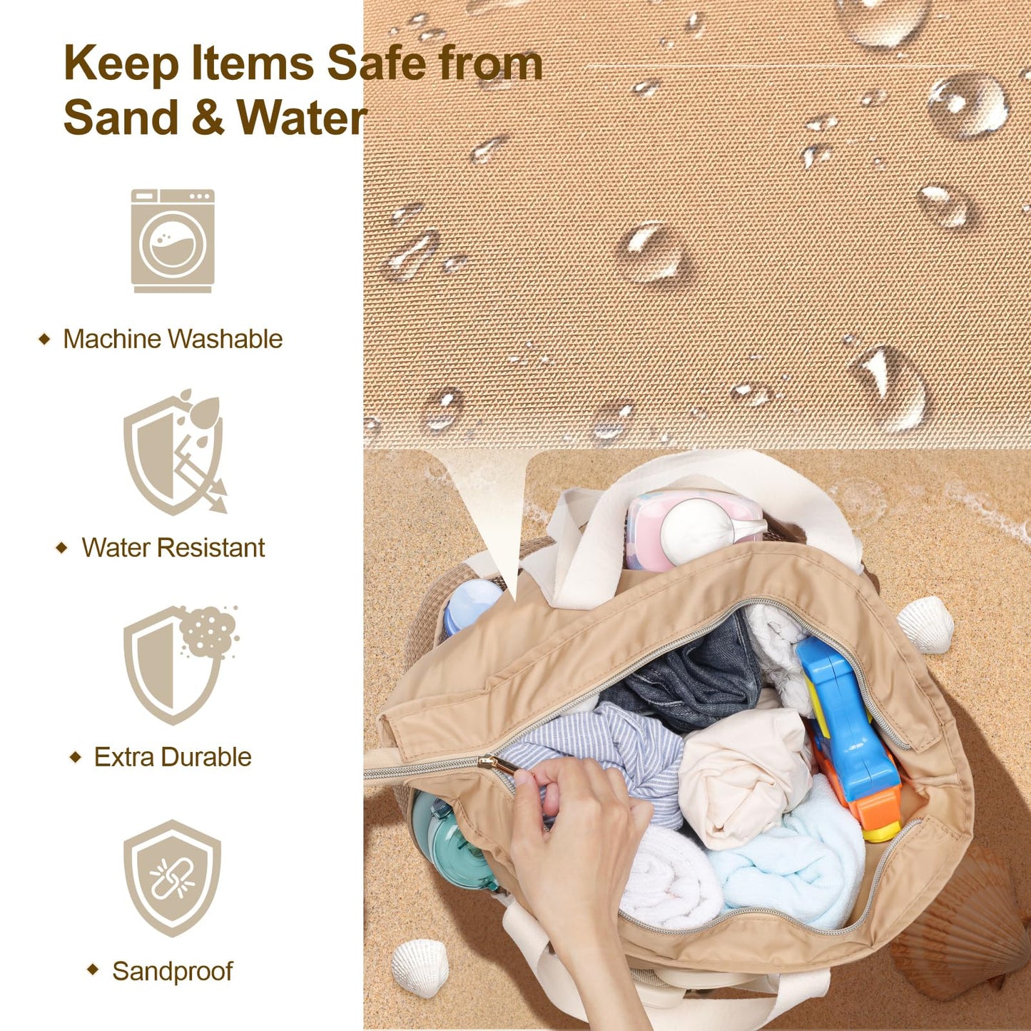 F-color Waterproof Beach Bag for Women - 8 Pockets Foldable Beach Bag Tote with Sandproof Side Mesh Bag, Carry on Tote Bag with Zipper for Travel Pool Swim Cruise Vacation Essentials, Khaki