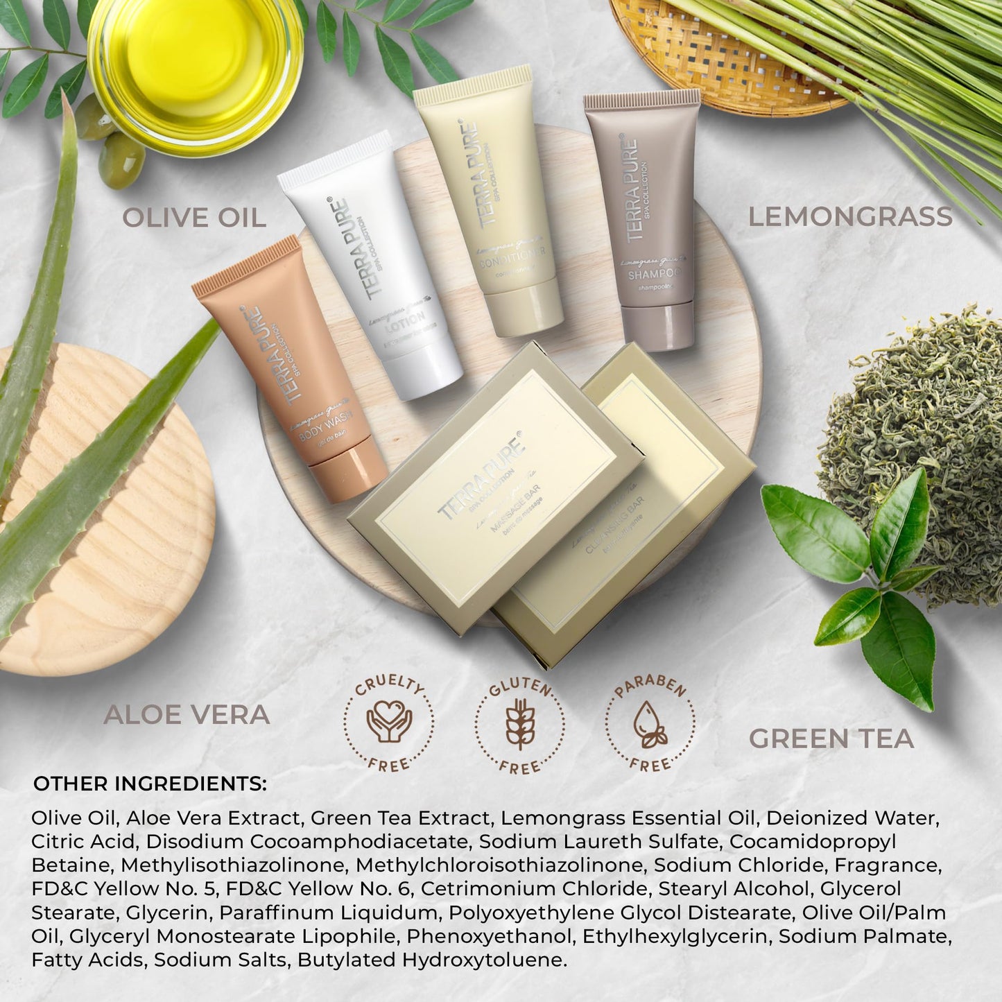 Terra Pure Spa Collection Amenity & Accessory Kit |1 oz Travel Size Shampoo, Conditioner, Lotion, Body Wash, 2 Soap Bars, Shave & Dental Sets, Make-Up Remover Wipes, & Vanity Kit | 1 set per case