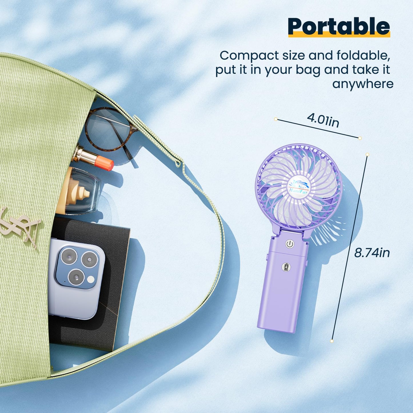 HandFan 5200mAh Handheld Fan Rechargeable, 20H Runtime Hand Fan, 3 Speeds Strong Airflow, Personal 180° Foldable Portable Fans for Travel/Summer/Concerts/Lash/Commute, Gifts for Women (Purple)