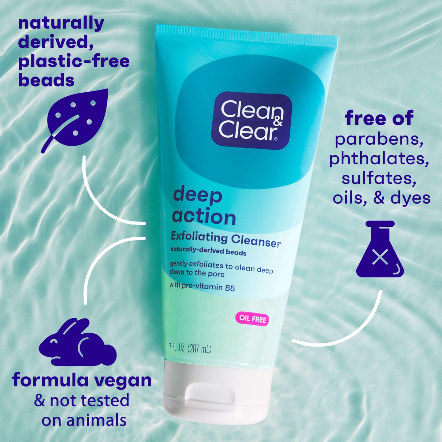 Clean & Clear Deep Action Exfoliating Facial Cleanser, Scrub & Face Wash, Pro-Vitamin B5, Lactic & Glycolic Acids, Oil-Free Gentle Daily Exfoliator for Soft, Smooth, Hydrated Skin, Vegan, 7 Fl Oz Tube