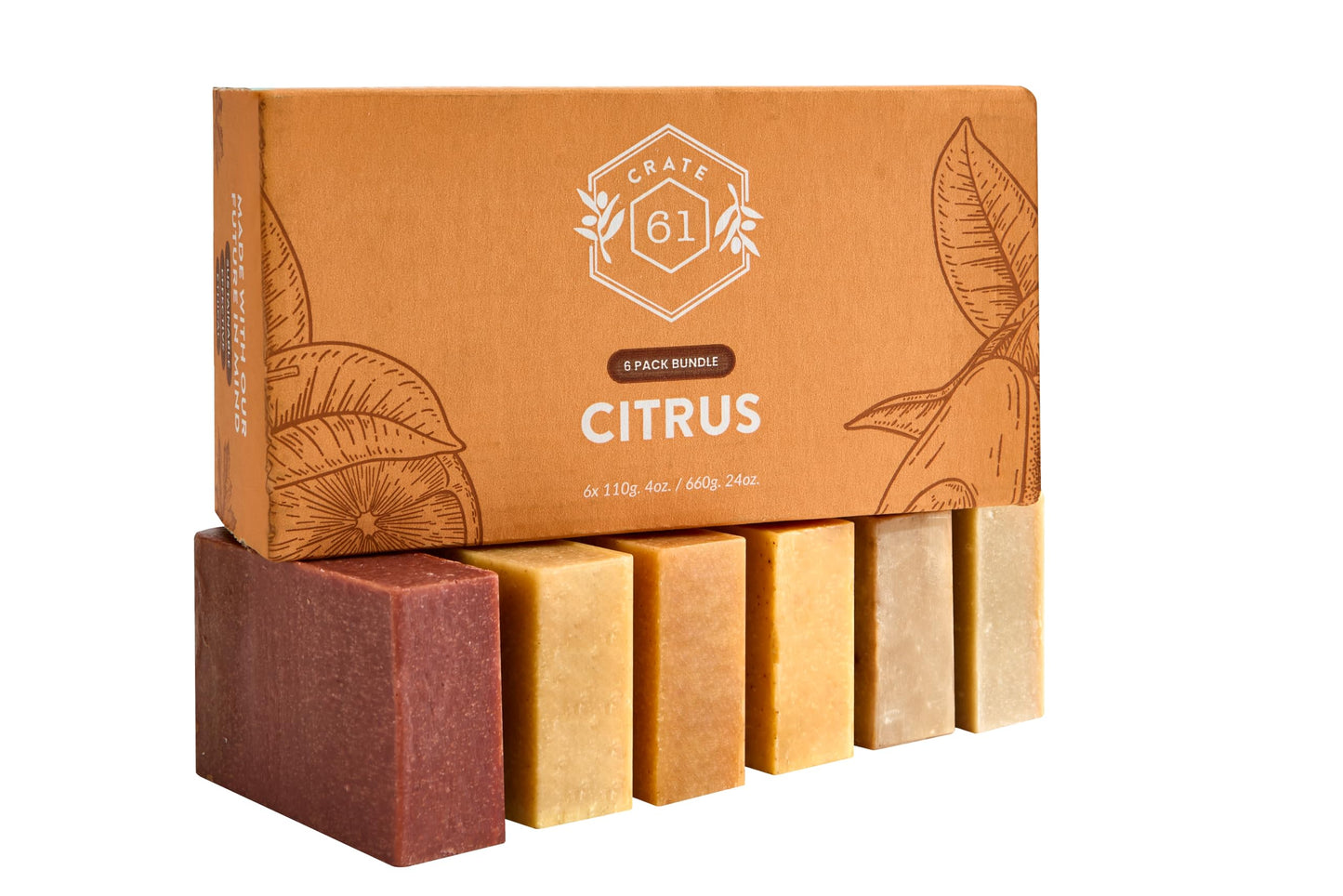 Crate 61 Organics, Handmade in Canada, Plant Based Cold Process Natural Bar Soap, With Premium Essential Oils, Dry Skin, Pack of 6 (Citrus)