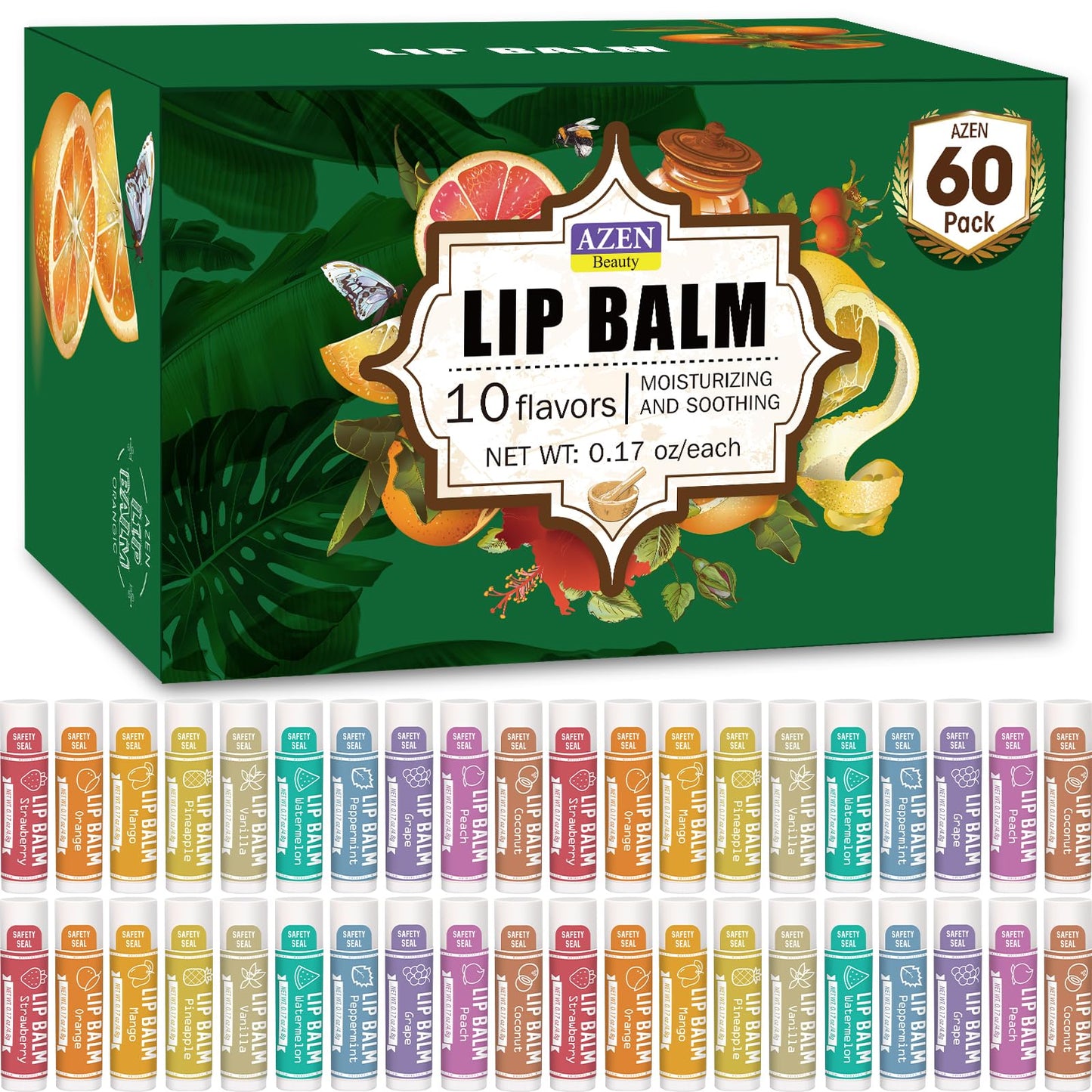 AZEN 60 Pack Natural Lip Balm, Moisturizing Lip Care Product for Dry Cracked Lips (C-60) - 10 Flavors