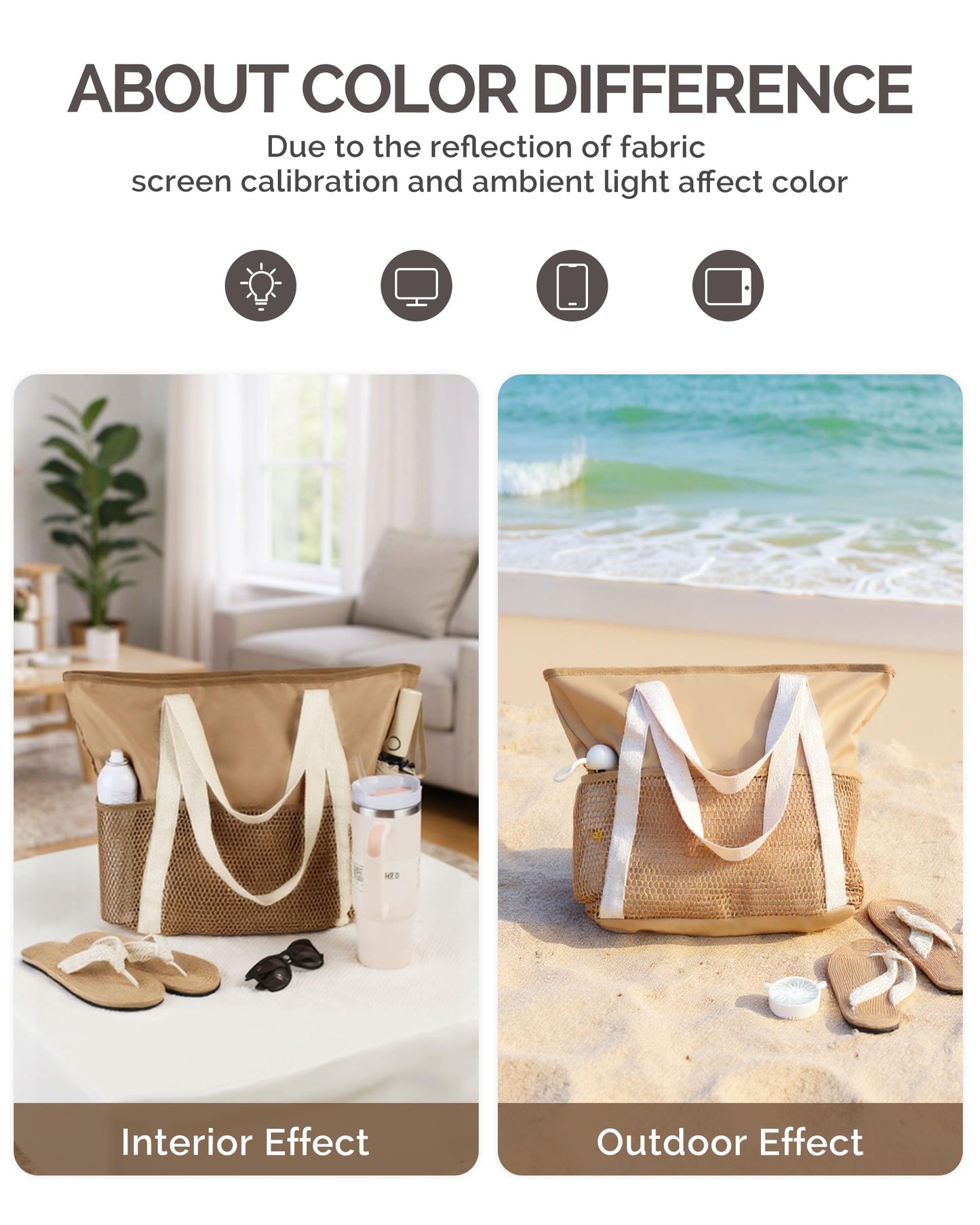 HOMESPON Beach Bag Large Waterproof Sandproof Foldable Tote Bag for Women with Zipper Mesh Pockets for Pool Cruise Travel Everyday (Khaki)